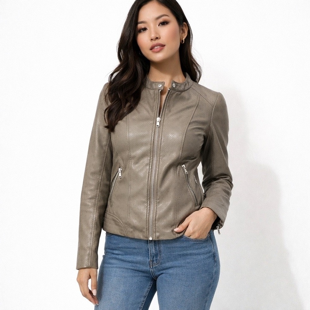 Women's Taupe Punch-hole Faux Leather Motorcycle Biker Jacket XL Retro Rocker